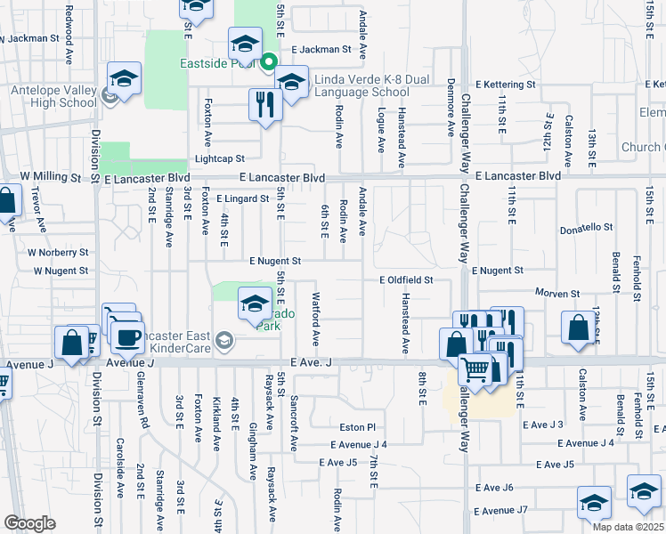 map of restaurants, bars, coffee shops, grocery stores, and more near 608 East Nugent Street in Lancaster