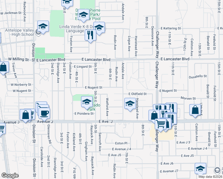 map of restaurants, bars, coffee shops, grocery stores, and more near 602 East Nugent Street in Lancaster