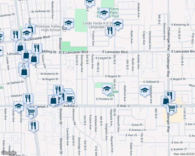 map of restaurants, bars, coffee shops, grocery stores, and more near 350 East Nugent Street in Lancaster