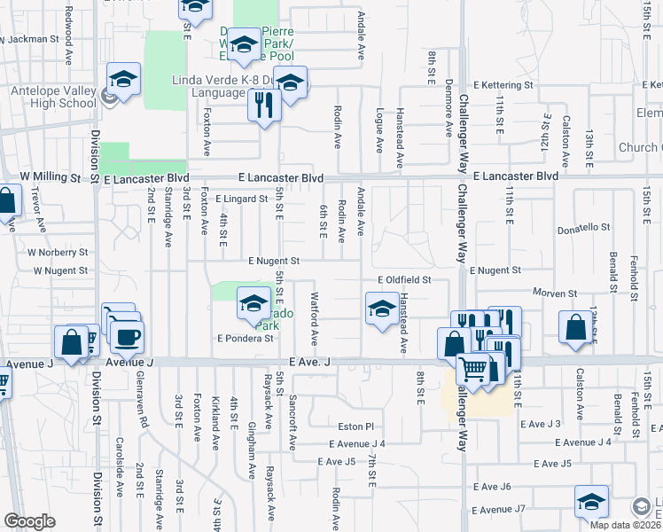 map of restaurants, bars, coffee shops, grocery stores, and more near 608 East Nugent Street in Lancaster