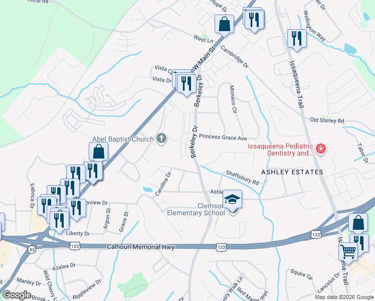 map of restaurants, bars, coffee shops, grocery stores, and more near 504 Village Walk Lane in Clemson
