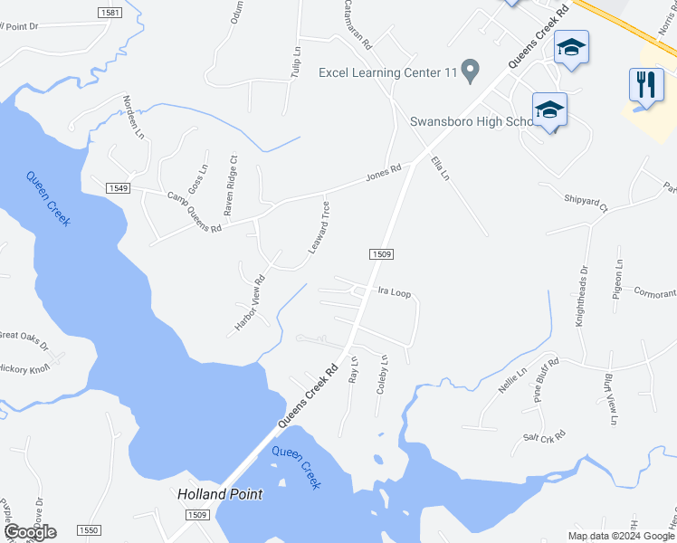 map of restaurants, bars, coffee shops, grocery stores, and more near 106 Gordon Court in Swansboro