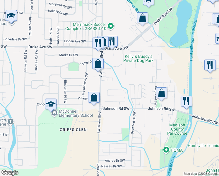 map of restaurants, bars, coffee shops, grocery stores, and more near 4039 Sewall Drive Southwest in Huntsville
