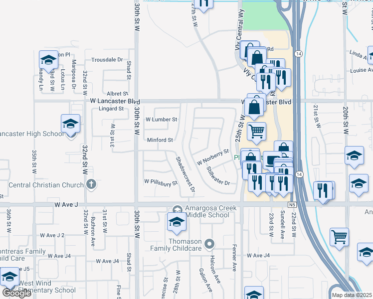 map of restaurants, bars, coffee shops, grocery stores, and more near 44609 Overland Avenue in Lancaster