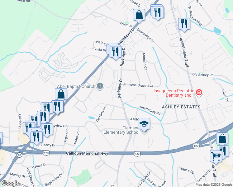 map of restaurants, bars, coffee shops, grocery stores, and more near 504 Village Walk Lane in Clemson