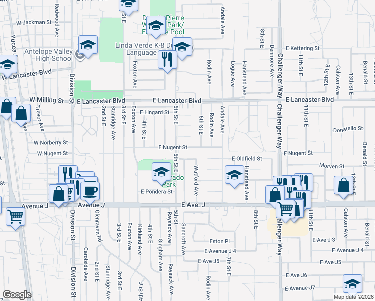 map of restaurants, bars, coffee shops, grocery stores, and more near 526 East Nugent Street in Lancaster
