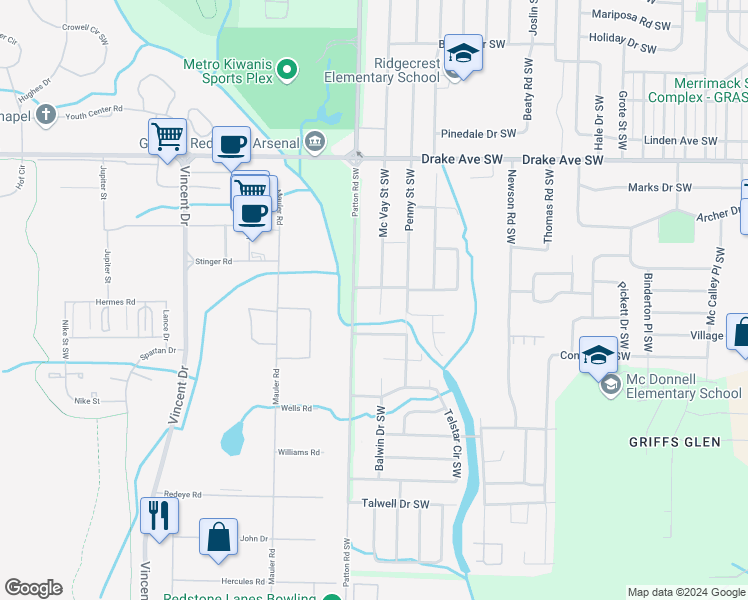 map of restaurants, bars, coffee shops, grocery stores, and more near 4102 Mc Vay Street Southwest in Huntsville