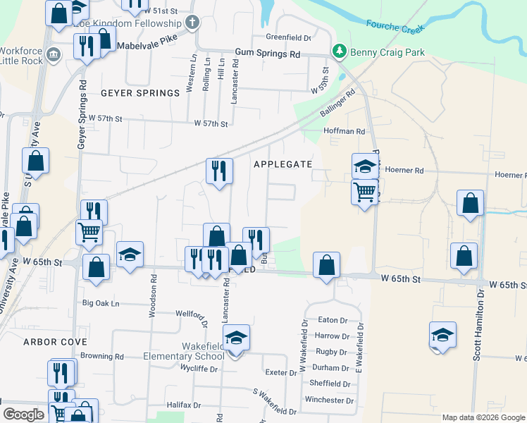 map of restaurants, bars, coffee shops, grocery stores, and more near 6111 Lyndell Drive in Little Rock