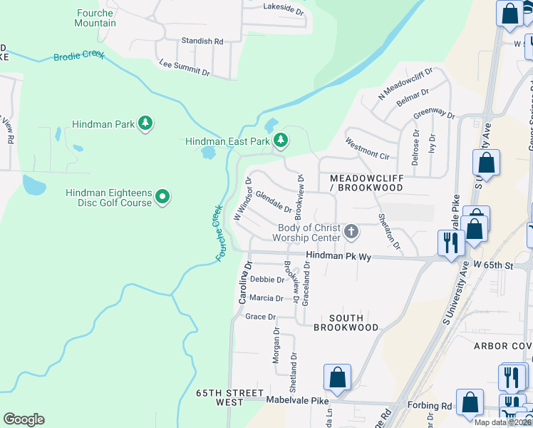 map of restaurants, bars, coffee shops, grocery stores, and more near 28 Rosewood Drive in Little Rock