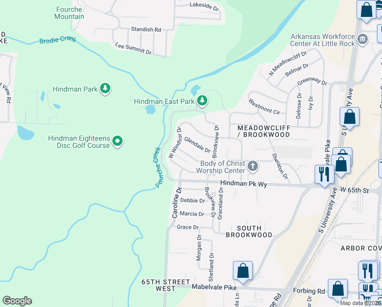map of restaurants, bars, coffee shops, grocery stores, and more near 28 Rosewood Drive in Little Rock