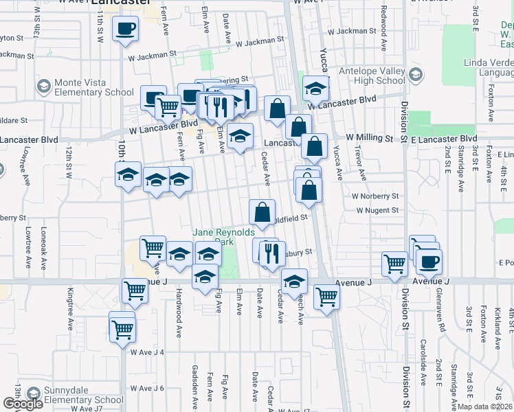 map of restaurants, bars, coffee shops, grocery stores, and more near 44630 Date Avenue in Lancaster