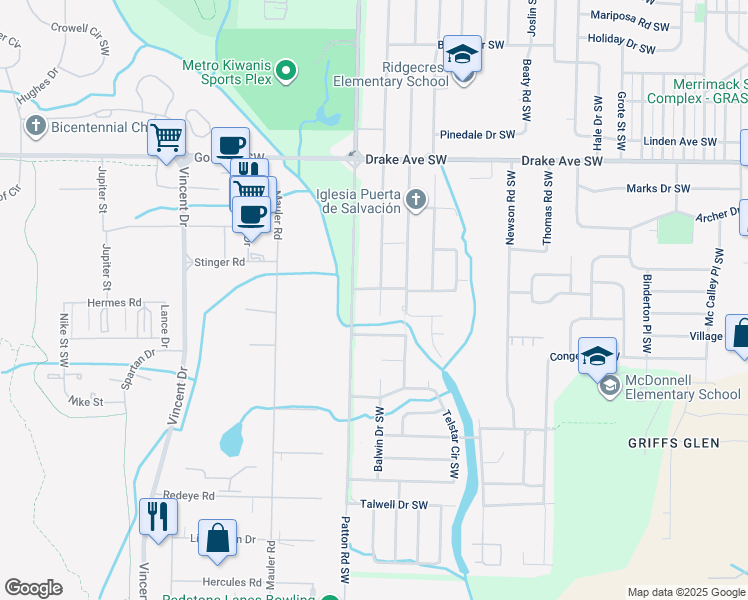 map of restaurants, bars, coffee shops, grocery stores, and more near 4102 Mc Vay Street Southwest in Huntsville