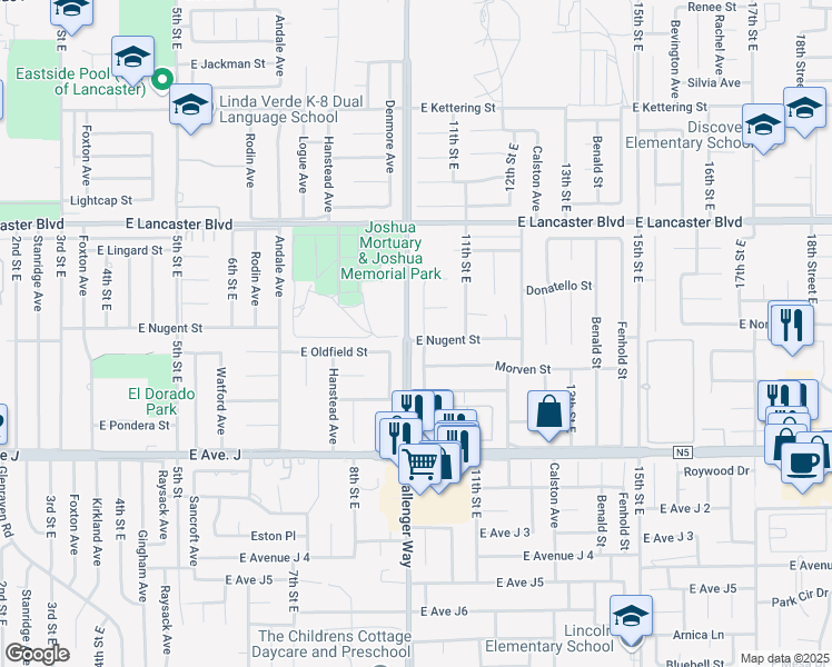 map of restaurants, bars, coffee shops, grocery stores, and more near 44605 Gillan Avenue in Lancaster