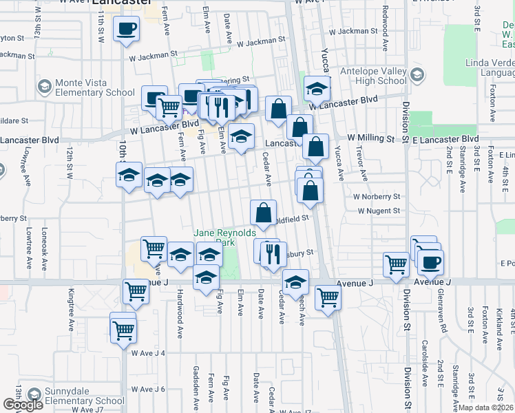 map of restaurants, bars, coffee shops, grocery stores, and more near 44630 Date Avenue in Lancaster