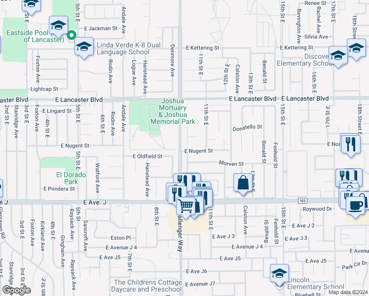map of restaurants, bars, coffee shops, grocery stores, and more near 44605 Gillan Avenue in Lancaster