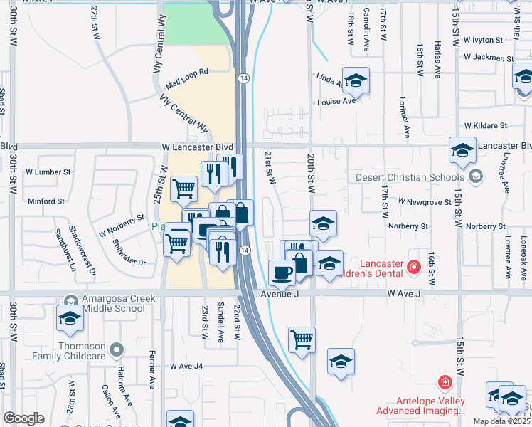 map of restaurants, bars, coffee shops, grocery stores, and more near 2114 El Domingo Circle in Lancaster