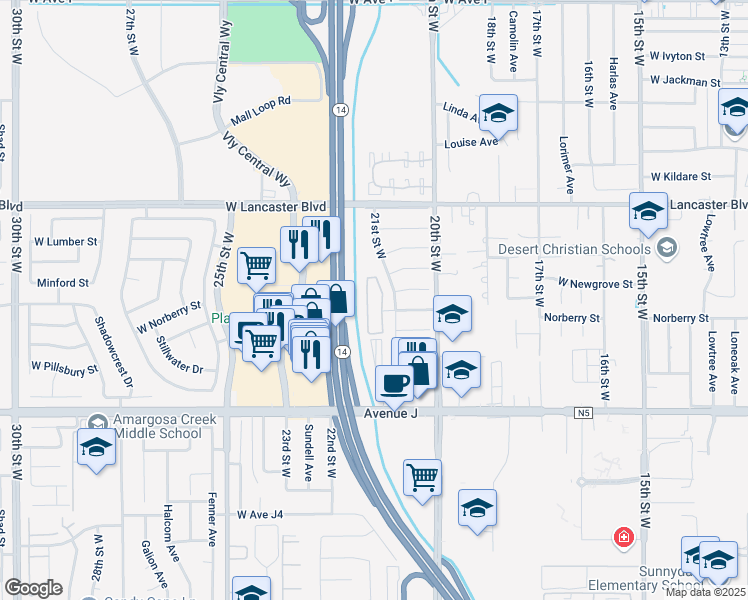 map of restaurants, bars, coffee shops, grocery stores, and more near 2120 El Domingo Circle in Lancaster