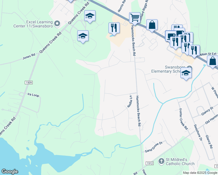 map of restaurants, bars, coffee shops, grocery stores, and more near 206 Pigeon Lane in Swansboro