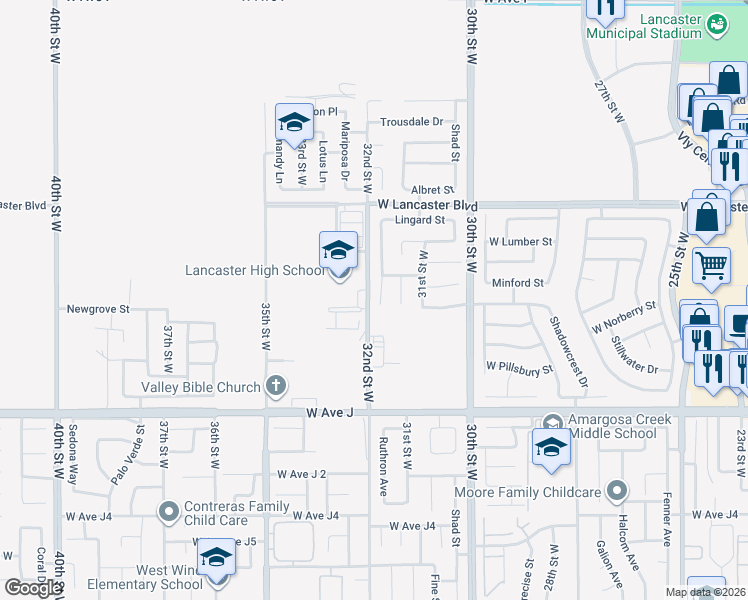 map of restaurants, bars, coffee shops, grocery stores, and more near 44621 Ruthron Avenue in Lancaster