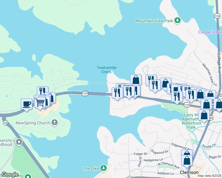 map of restaurants, bars, coffee shops, grocery stores, and more near 849 Tiger Boulevard in Clemson