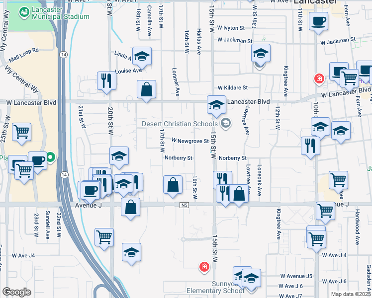 map of restaurants, bars, coffee shops, grocery stores, and more near 44610 Orchard Lane in Lancaster