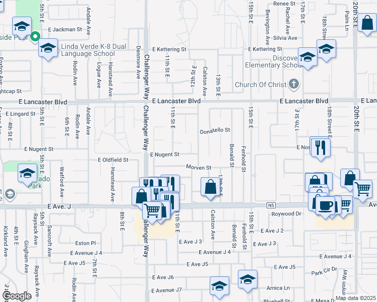 map of restaurants, bars, coffee shops, grocery stores, and more near 1135 East Nugent Street in Lancaster