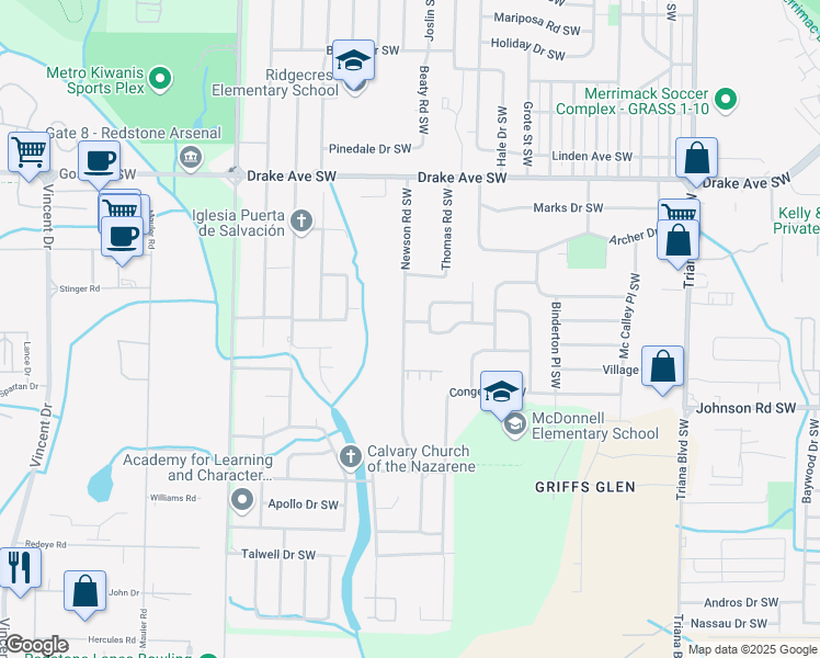 map of restaurants, bars, coffee shops, grocery stores, and more near 4101 Newson Road Southwest in Huntsville