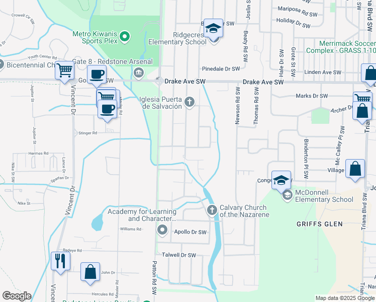 map of restaurants, bars, coffee shops, grocery stores, and more near 4007 Foster Avenue Southwest in Huntsville
