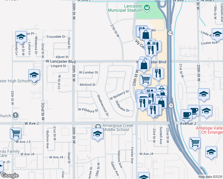 map of restaurants, bars, coffee shops, grocery stores, and more near 2625 West Newgrove Street in Lancaster