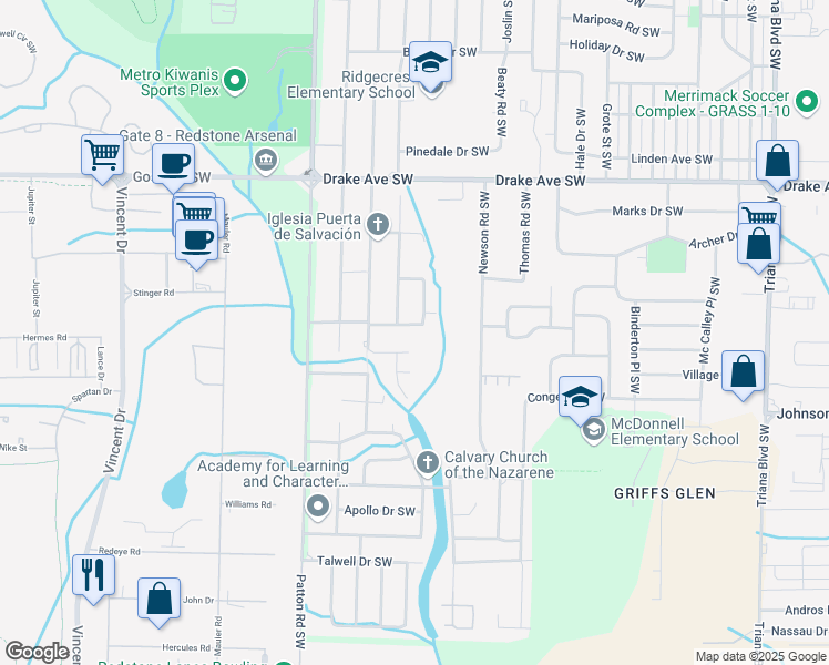 map of restaurants, bars, coffee shops, grocery stores, and more near 3903 Foster Avenue Southwest in Huntsville