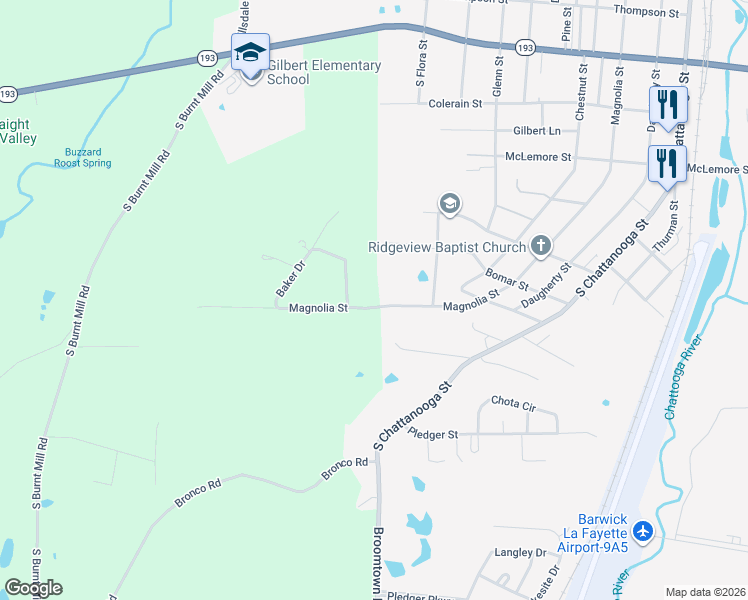 map of restaurants, bars, coffee shops, grocery stores, and more near 1152 Magnolia Street in LaFayette