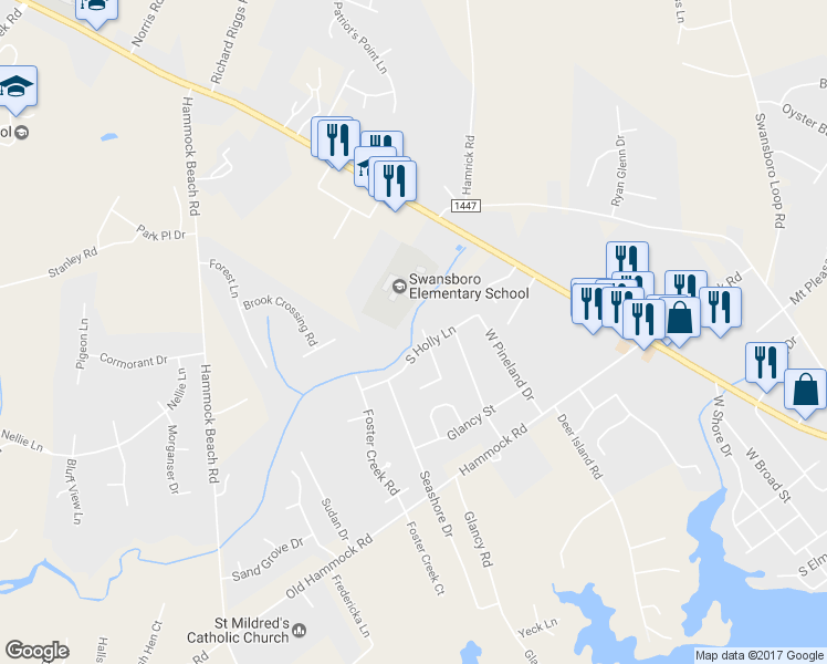 map of restaurants, bars, coffee shops, grocery stores, and more near 803 North Dogwood Lane in Swansboro