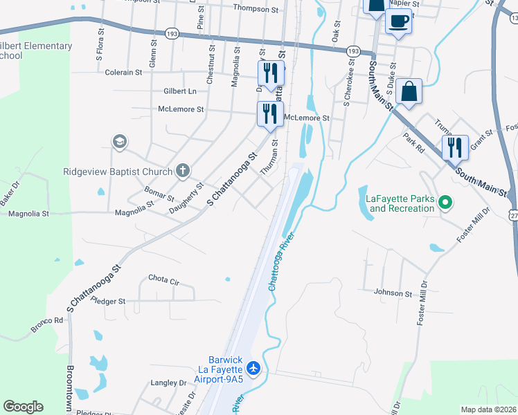 map of restaurants, bars, coffee shops, grocery stores, and more near 909A Worth Street in LaFayette