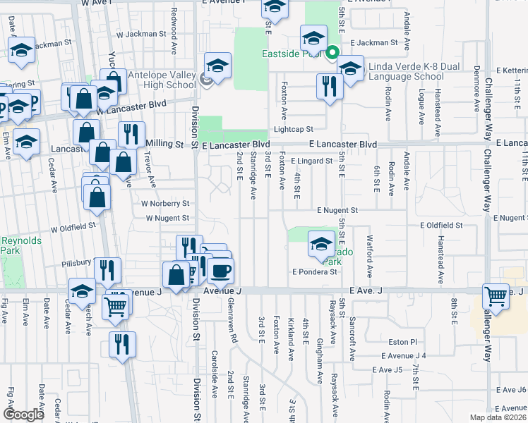 map of restaurants, bars, coffee shops, grocery stores, and more near 44609 3rd Street East in Lancaster