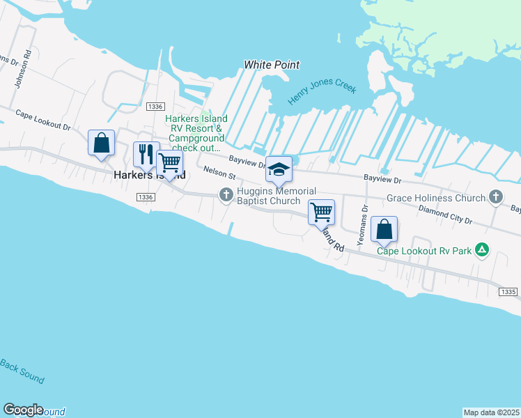 map of restaurants, bars, coffee shops, grocery stores, and more near 1163 Island Road in Harkers Island