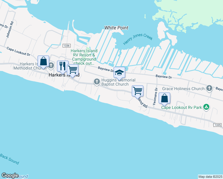 map of restaurants, bars, coffee shops, grocery stores, and more near 1163 Island Road in Harkers Island