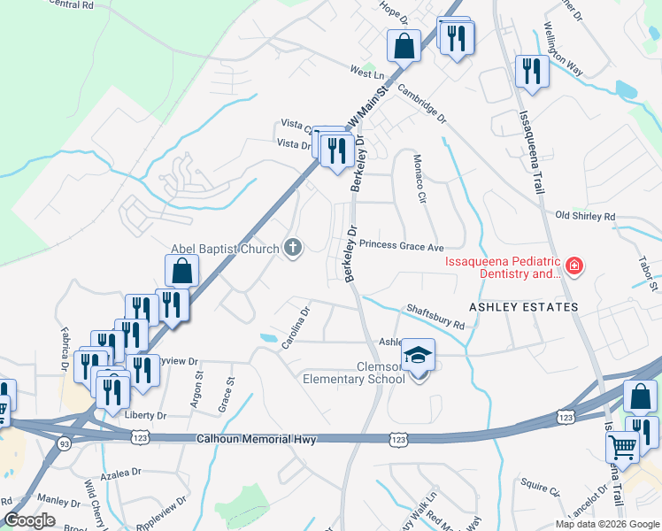 map of restaurants, bars, coffee shops, grocery stores, and more near 504 Village Walk Lane in Clemson