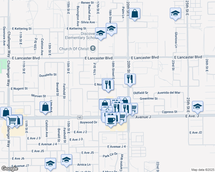 map of restaurants, bars, coffee shops, grocery stores, and more near 1750 East Norberry Street in Lancaster