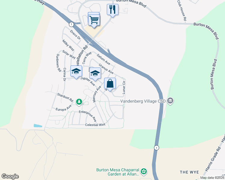 map of restaurants, bars, coffee shops, grocery stores, and more near 549 Andromeda Drive in Lompoc