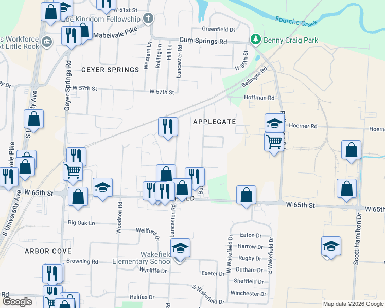 map of restaurants, bars, coffee shops, grocery stores, and more near 6111 Lyndell Dr in Little Rock