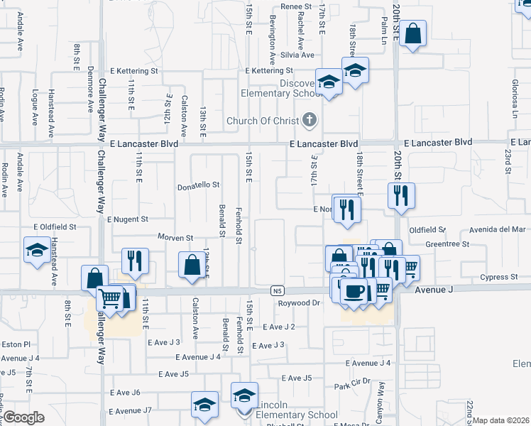 map of restaurants, bars, coffee shops, grocery stores, and more near 44606 Foxboro Court in Lancaster