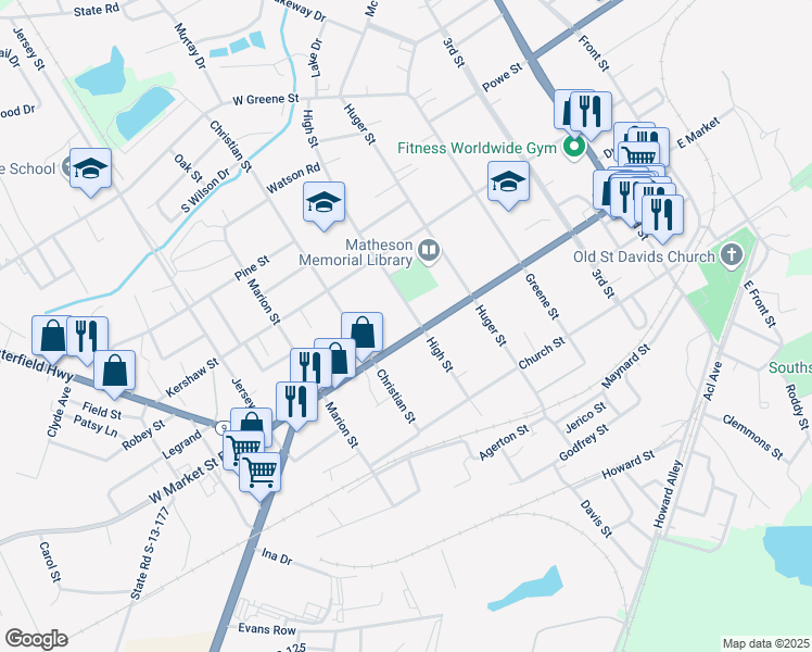 map of restaurants, bars, coffee shops, grocery stores, and more near 602 Market Street in Cheraw