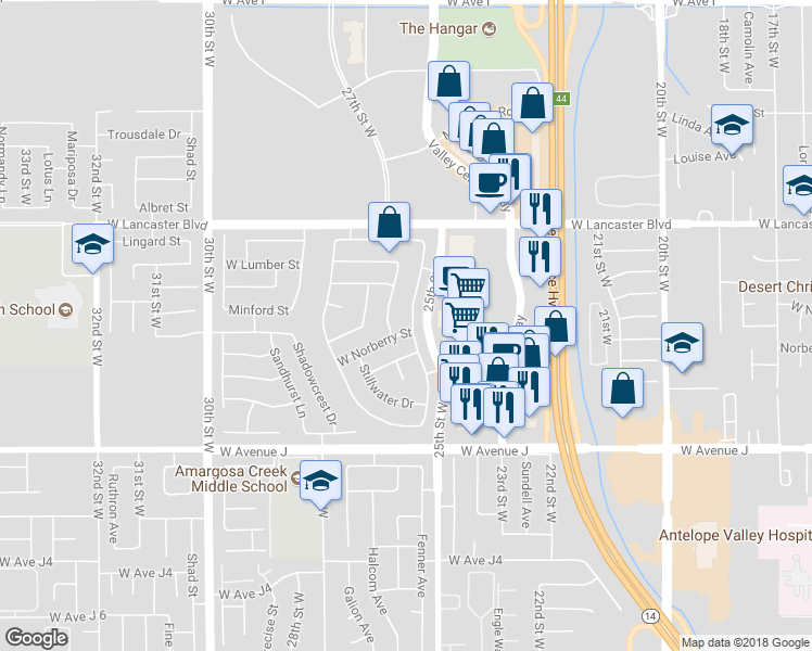 map of restaurants, bars, coffee shops, grocery stores, and more near 2521 West Norberry Street in Lancaster