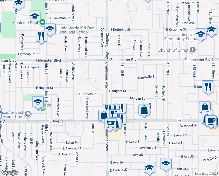 map of restaurants, bars, coffee shops, grocery stores, and more near 44611 Gillan Avenue in Lancaster