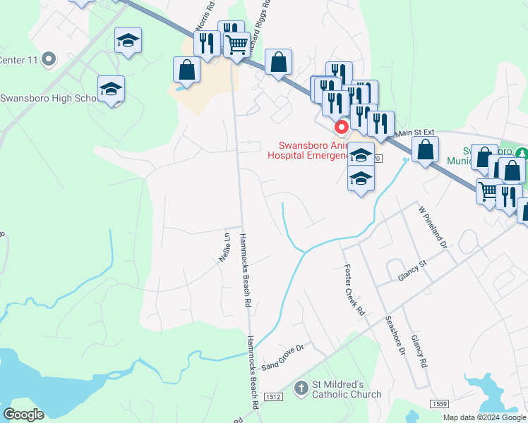 map of restaurants, bars, coffee shops, grocery stores, and more near 114 Forest Lane in Swansboro
