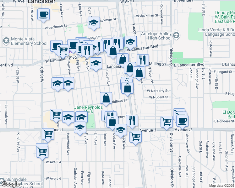 map of restaurants, bars, coffee shops, grocery stores, and more near 44627 Beech Avenue in Lancaster
