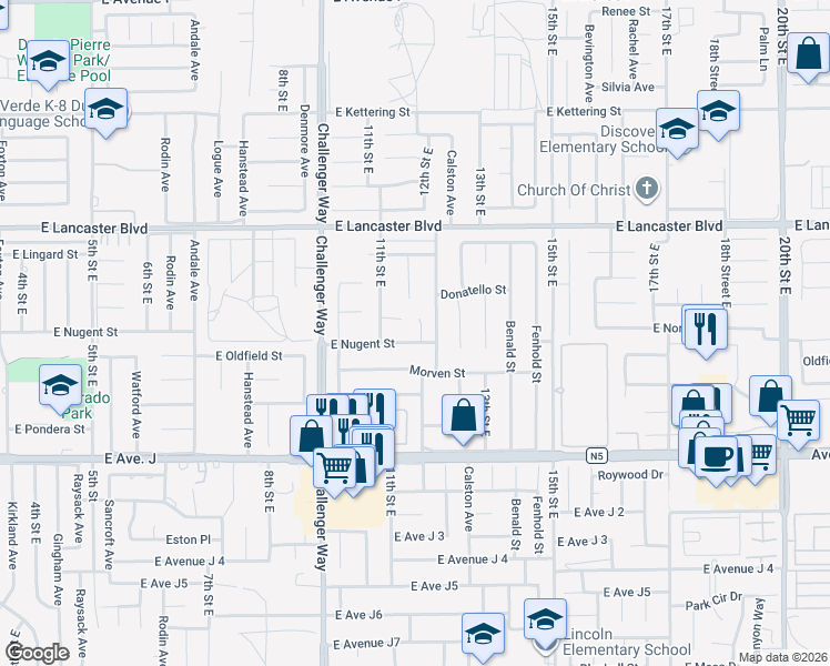 map of restaurants, bars, coffee shops, grocery stores, and more near 1135 East Nugent Street in Lancaster