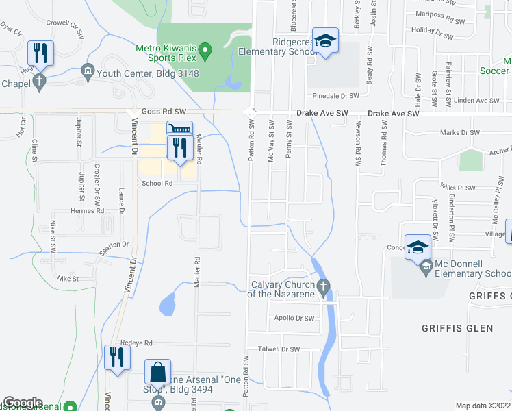 map of restaurants, bars, coffee shops, grocery stores, and more near 4523 Foster Avenue Southwest in Huntsville