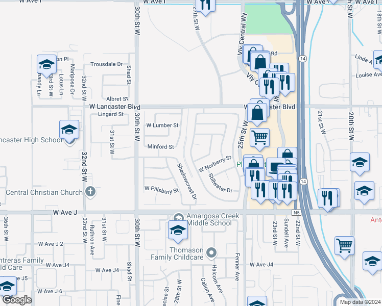 map of restaurants, bars, coffee shops, grocery stores, and more near 2625 West Newgrove Street in Lancaster