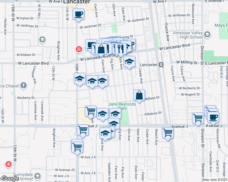 map of restaurants, bars, coffee shops, grocery stores, and more near 44649 Fig Avenue in Lancaster
